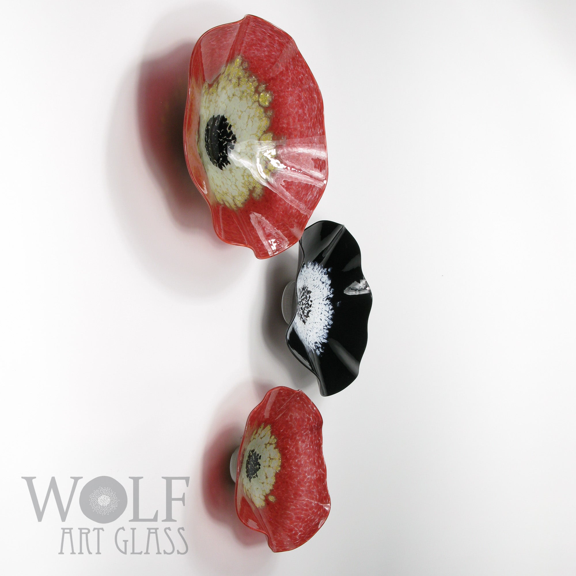 Red Rose Gold Black & White, Blown Glass Wall Art Collection 3 Piece Glass Sculpture Installation
