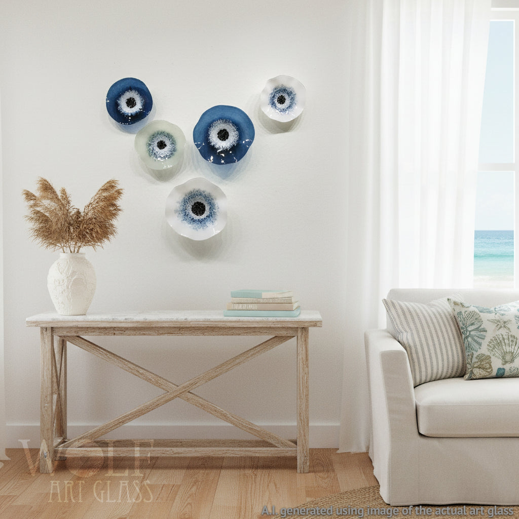 Blown Glass Flower Wall Art Collection - 5 Piece Denim Blue, White and Gray Poppy Flowers