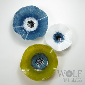 Olive Green, Denim Blue and White Blown Glass Wall Art Poppy Flower Wall Decor Collection Installation