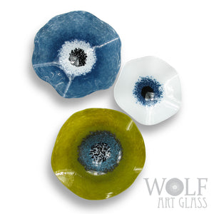 Olive Green, Denim Blue and White Blown Glass Wall Art Poppy Flower Wall Decor Collection Installation