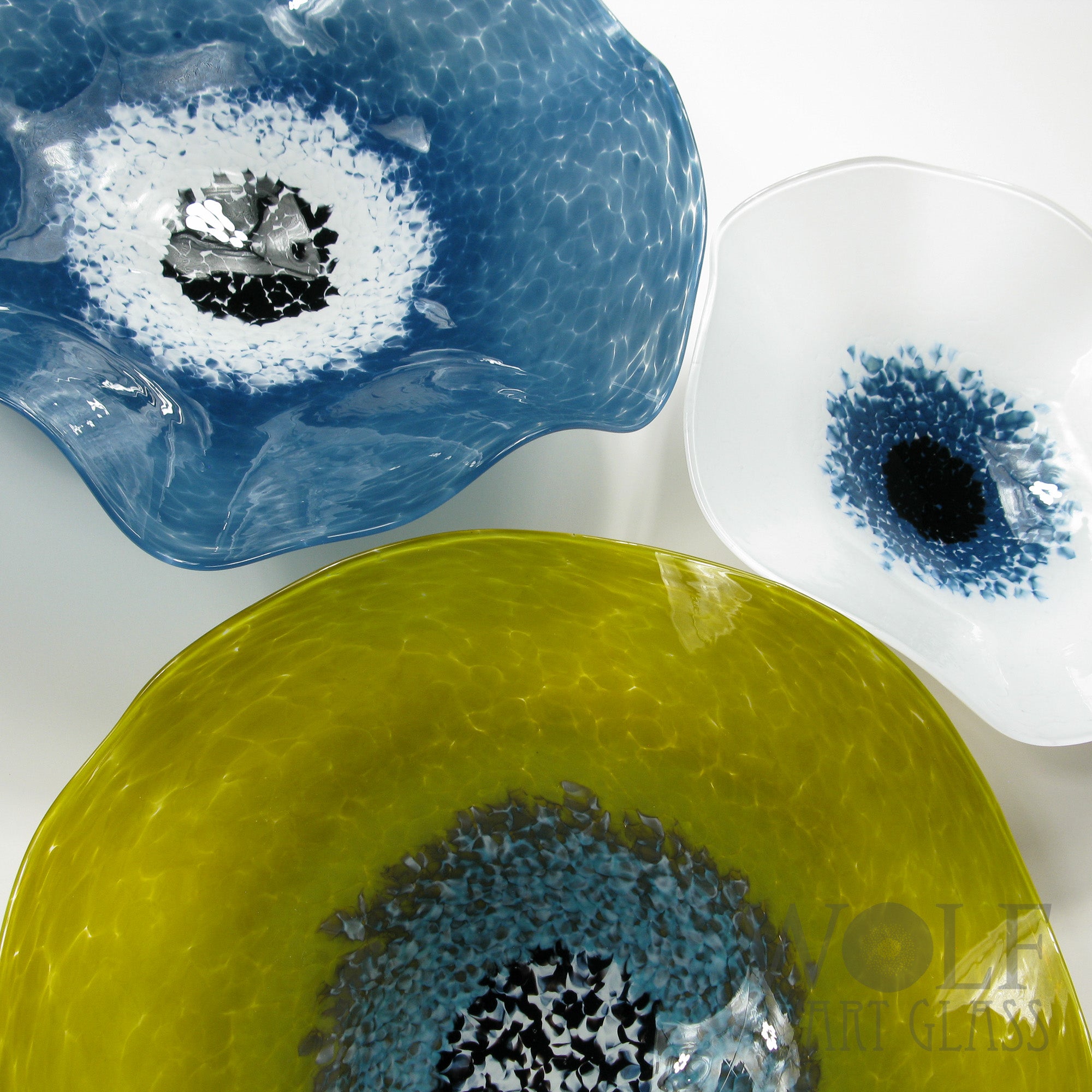 Olive Green, Denim Blue and White Blown Glass Wall Art Poppy Flower Wall Decor Collection Installation