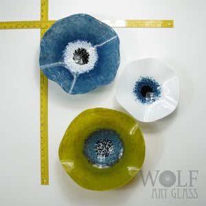 Olive Green, Denim Blue and White Blown Glass Wall Art Poppy Flower Wall Decor Collection Installation