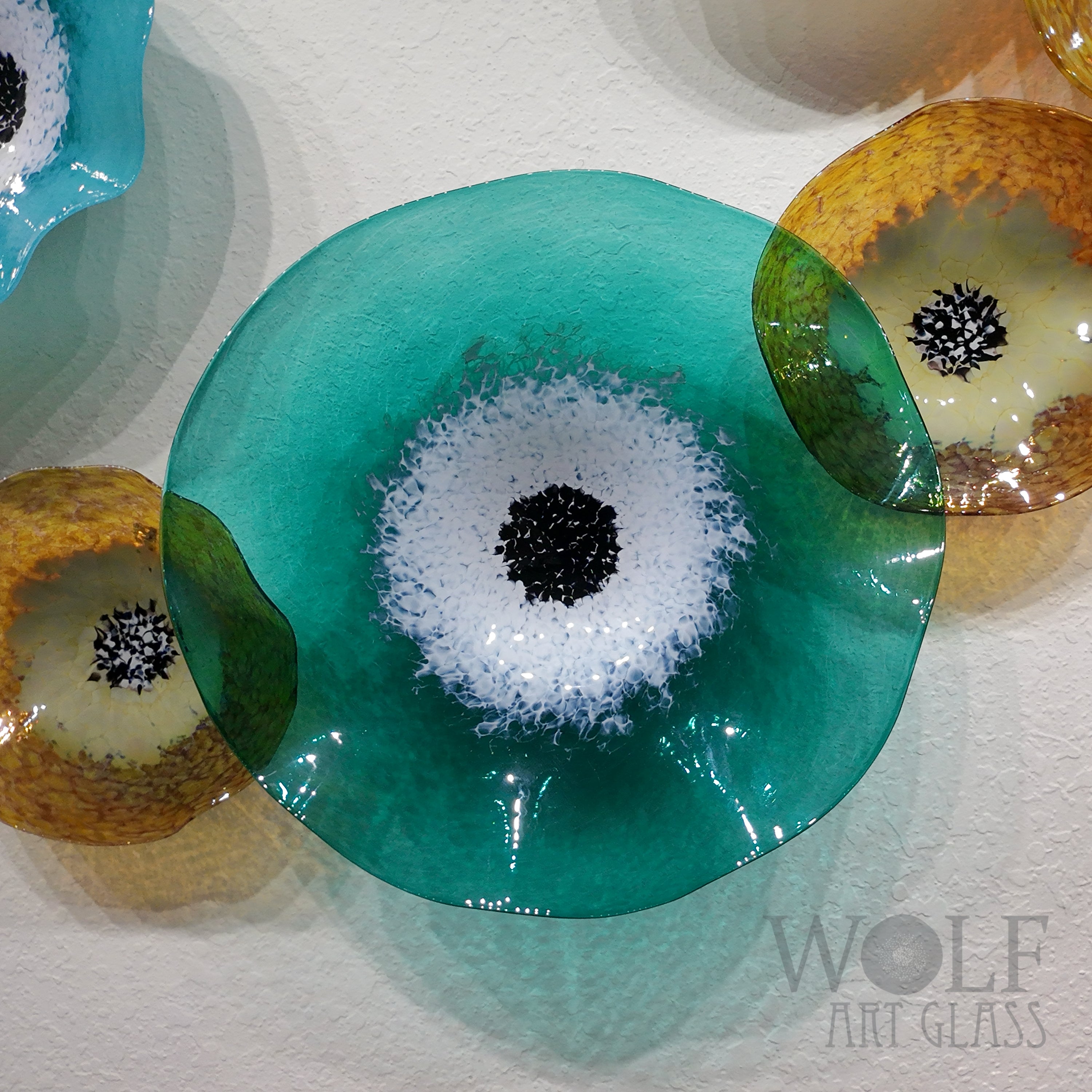 Hand-Blown Glass Wall Art Collection: White, Gold and Teal Green
