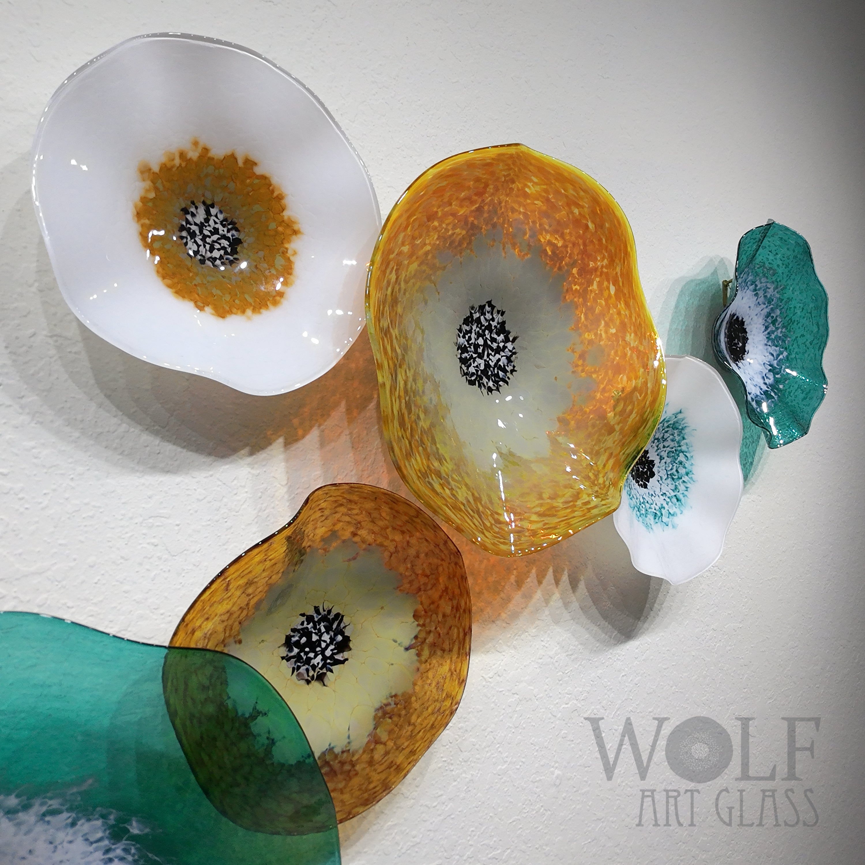 Hand-Blown Glass Wall Art Collection: White, Gold and Teal Green