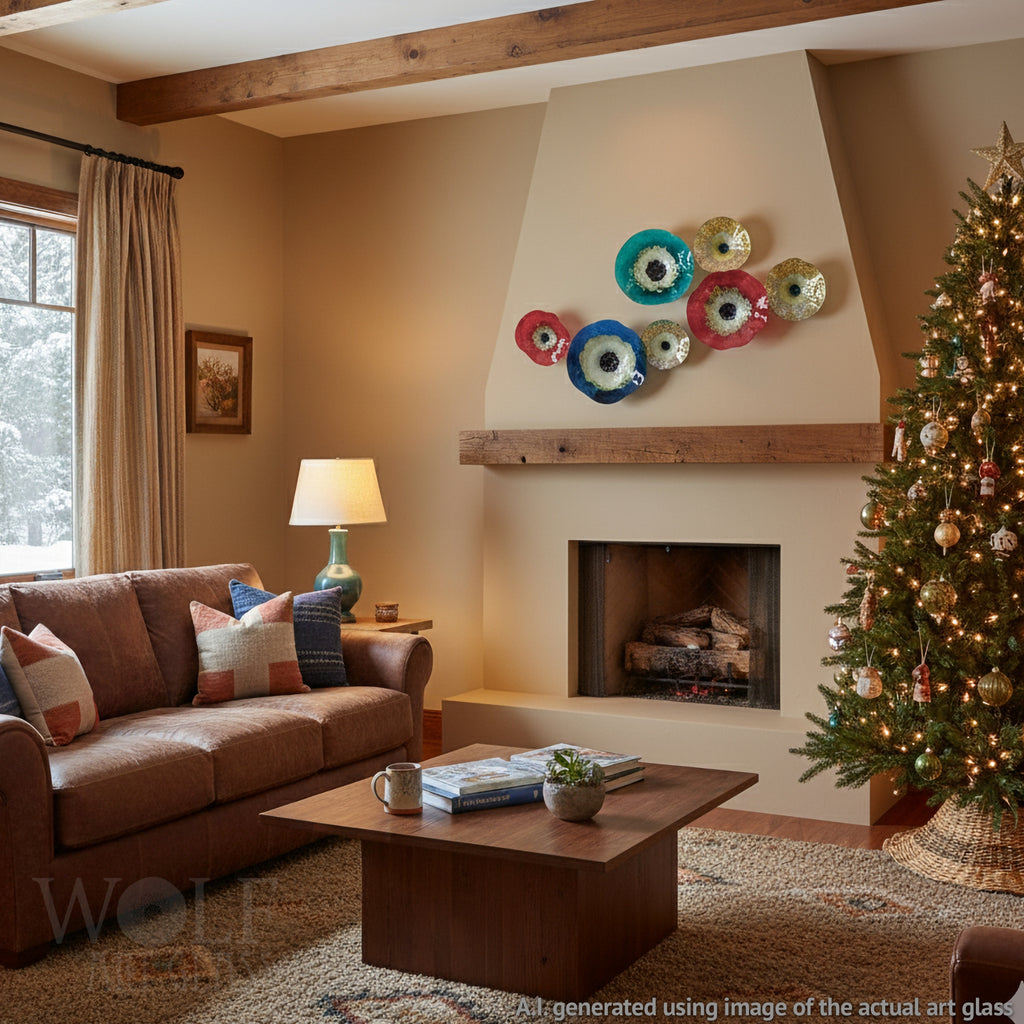 Antique Red Denim Blue Teal Green and Gold 7 Piece Blown Glass Flower Art Collection