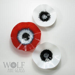 Bright Red, White and Black Blown Glass Wall Art Flower Collection - 3 Piece Blown Glass Flower Installation