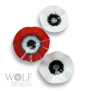 Bright Red, White and Black Blown Glass Wall Art Flower Collection - 3 Piece Blown Glass Flower Installation