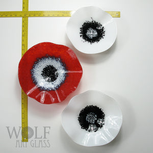 Bright Red, White and Black Blown Glass Wall Art Flower Collection - 3 Piece Blown Glass Flower Installation