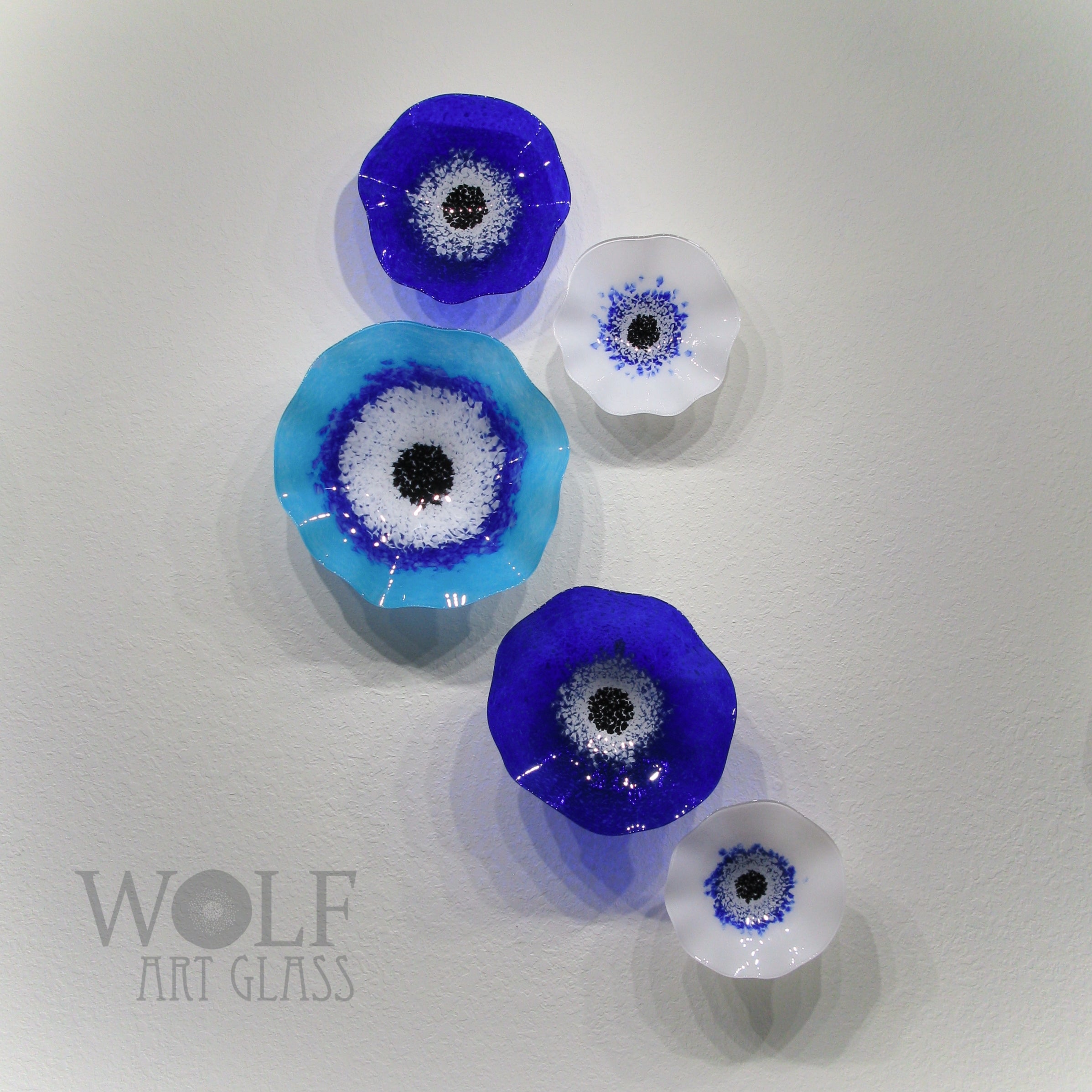 Blown Glass Wall Art Flower Collection - 5 Piece Sapphire Blue, White and Ocean Blue Flowers