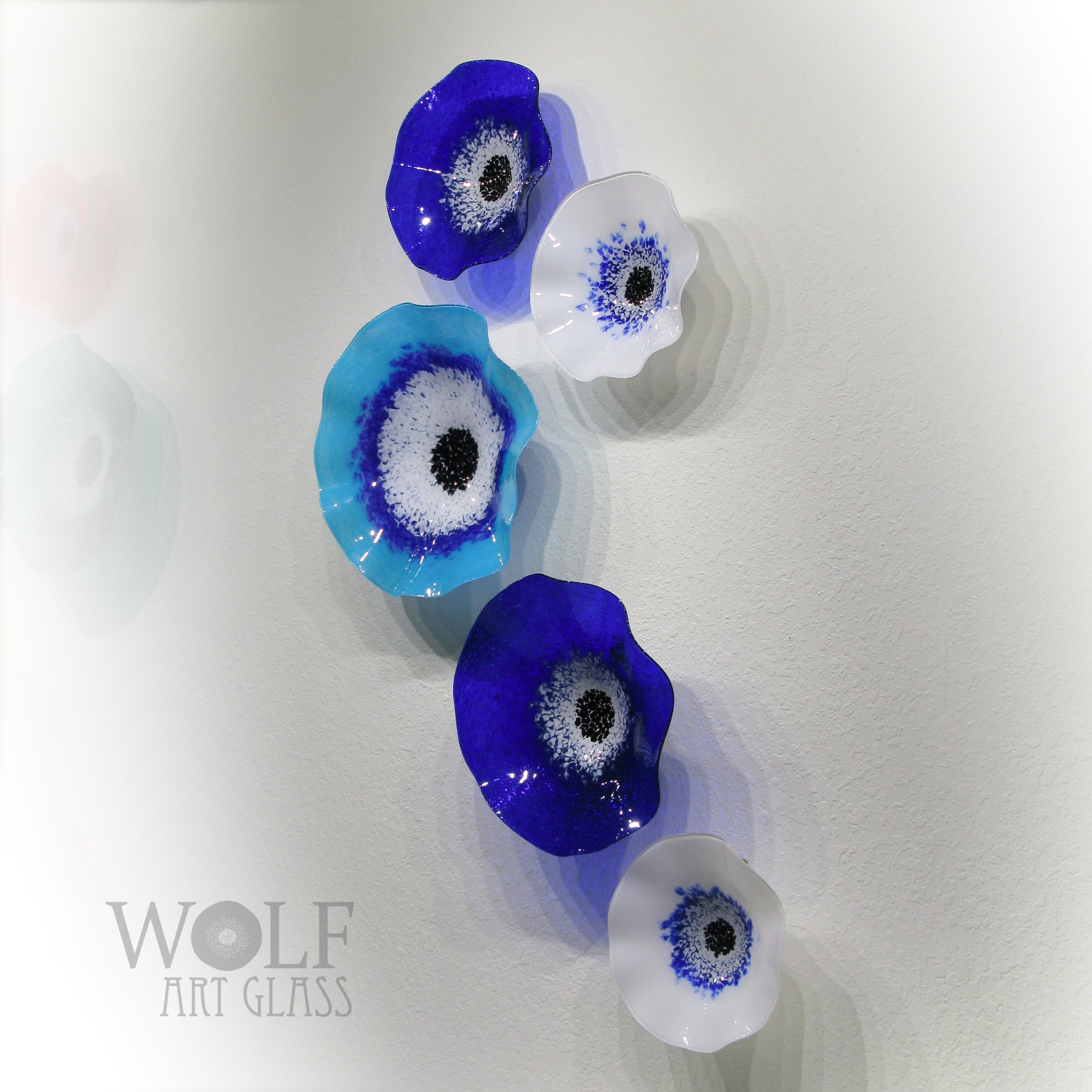 Blown Glass Wall Art Flower Collection - 5 Piece Sapphire Blue, White and Ocean Blue Flowers