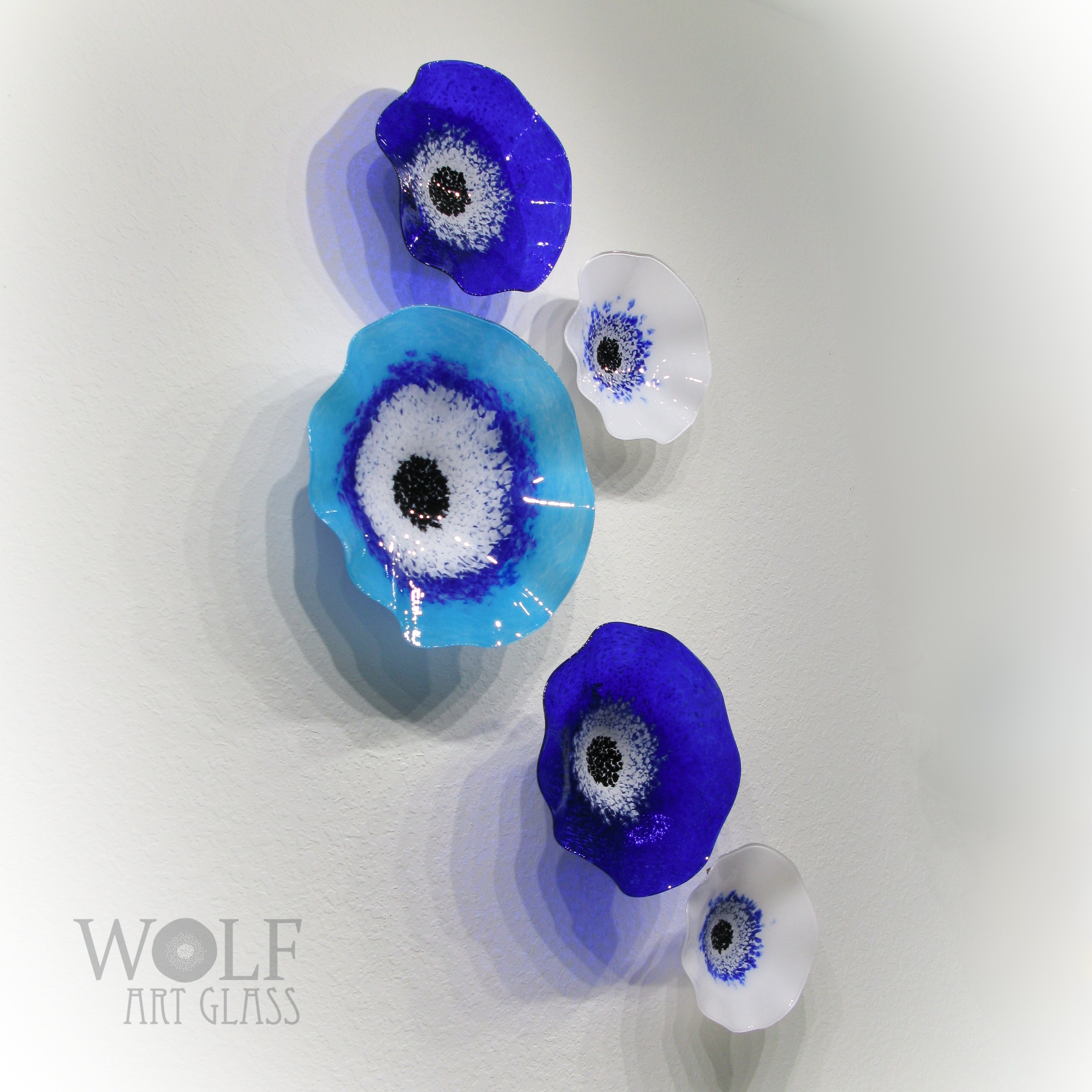 Blown Glass Wall Art Flower Collection - 5 Piece Sapphire Blue, White and Ocean Blue Flowers