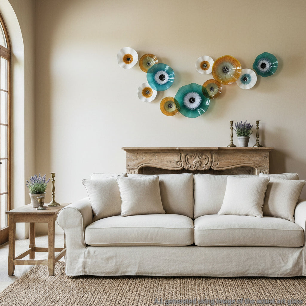 Hand-Blown Glass Wall Art Collection: White, Gold and Teal Green