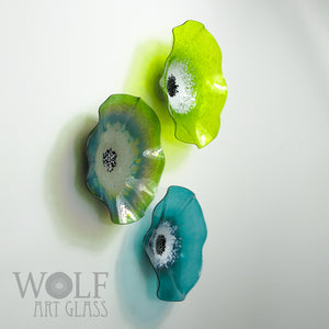 Lime and Teal Green Blown Glass Wall Art Flower Collection Installation Sculpture