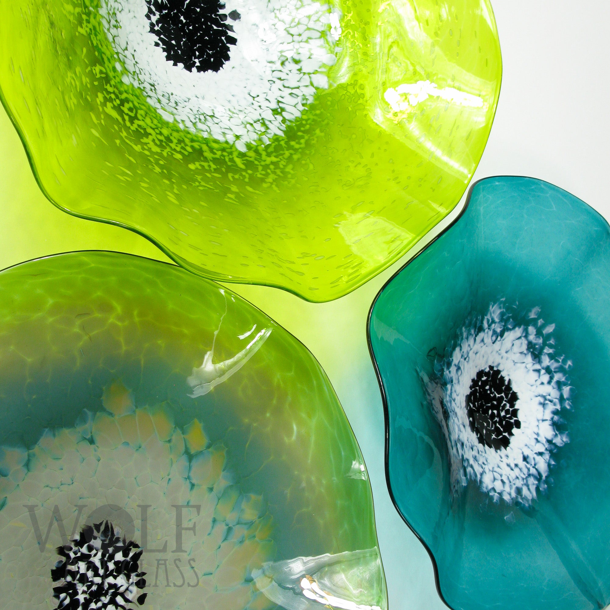 Lime and Teal Green Blown Glass Wall Art Flower Collection Installation Sculpture