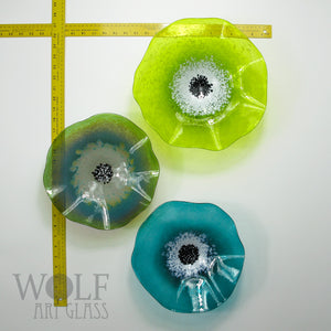 Lime and Teal Green Blown Glass Wall Art Flower Collection Installation Sculpture