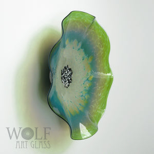 Lime and Teal Green Blown Glass Wall Art Flower Collection Installation Sculpture