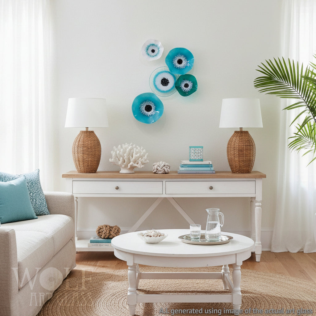 Turquoise Teal Blue Green White 5 Piece Blown Glass Wall Art Collection