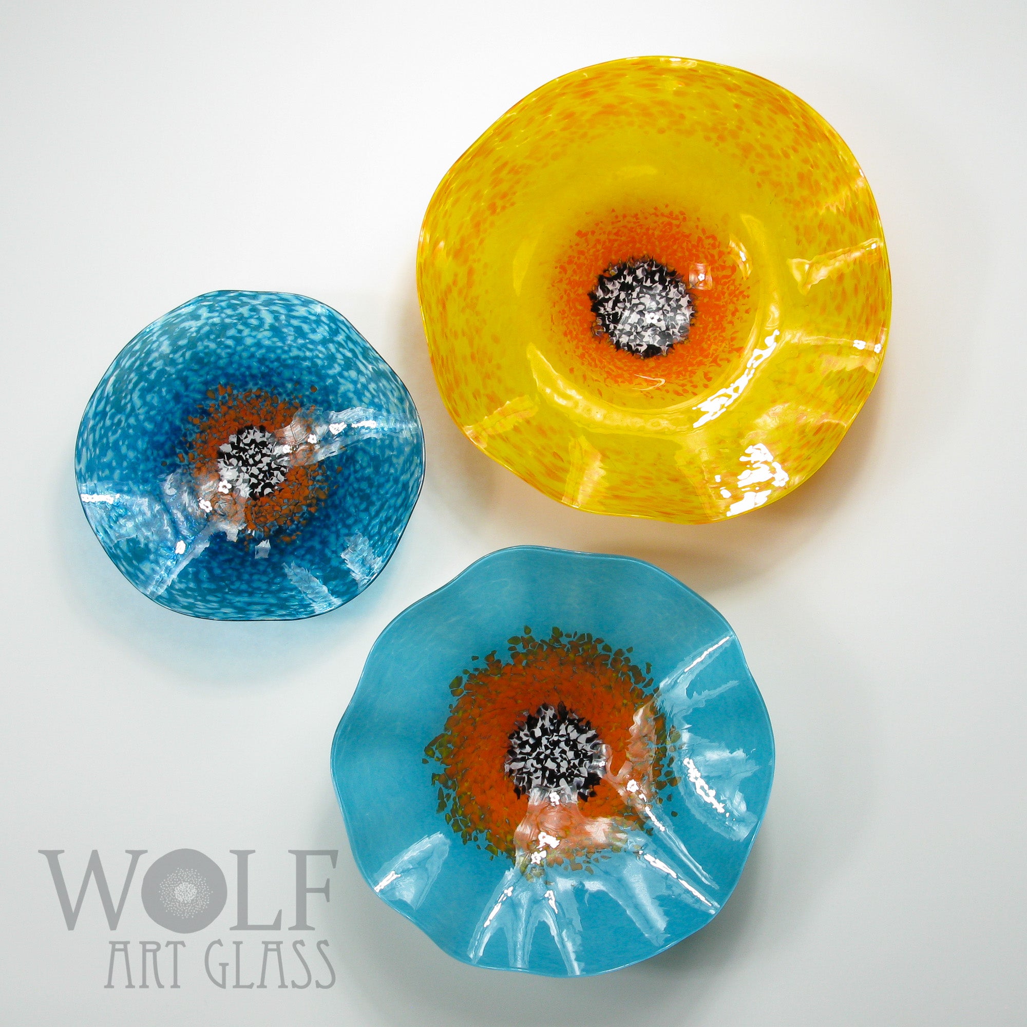 Turquoise Blue Saffron Yellow and Orange Blown Glass Wall Art Flower Collection Installation Sculpture