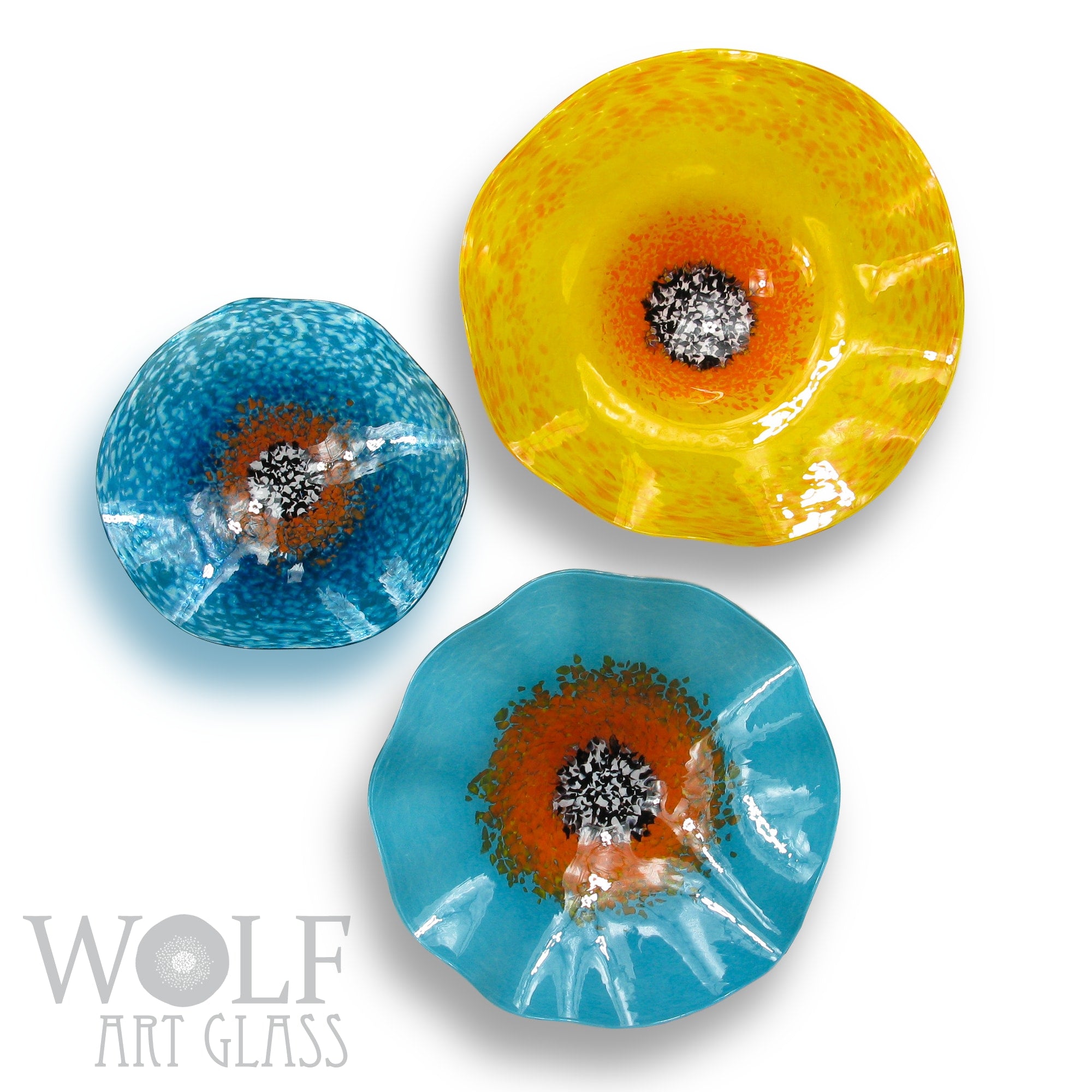 Turquoise Blue Saffron Yellow and Orange Blown Glass Wall Art Flower Collection Installation Sculpture