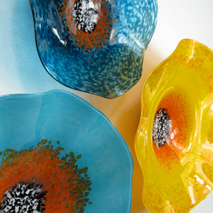 Turquoise Blue Saffron Yellow and Orange Blown Glass Wall Art Flower Collection Installation Sculpture