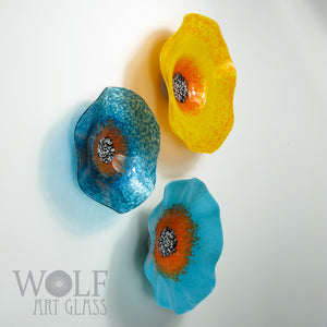 Turquoise Blue Saffron Yellow and Orange Blown Glass Wall Art Flower Collection Installation Sculpture