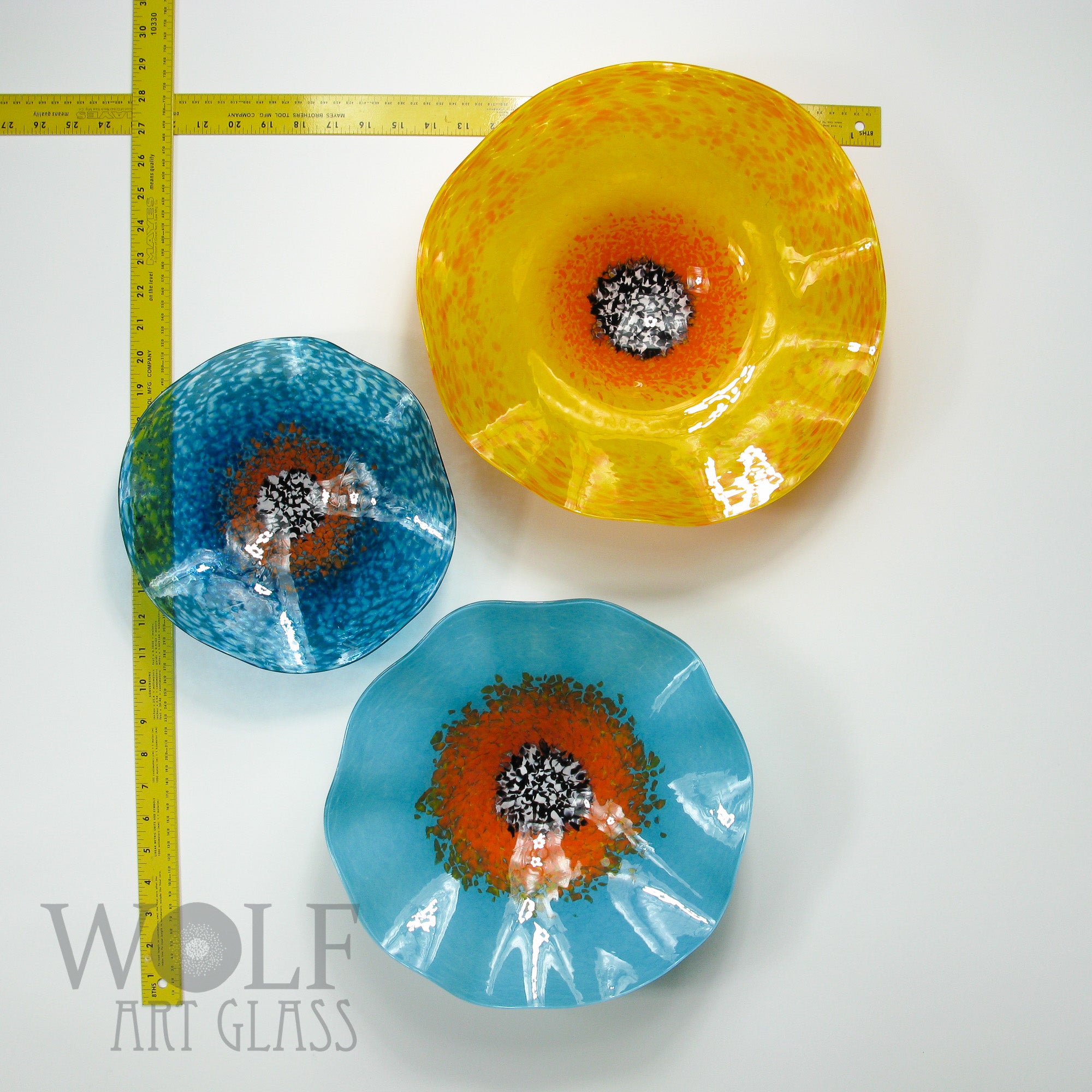 Turquoise Blue Saffron Yellow and Orange Blown Glass Wall Art Flower Collection Installation Sculpture