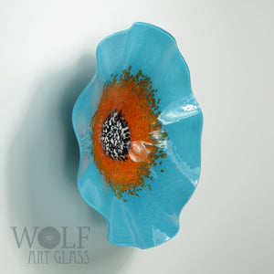 Turquoise Blue Saffron Yellow and Orange Blown Glass Wall Art Flower Collection Installation Sculpture