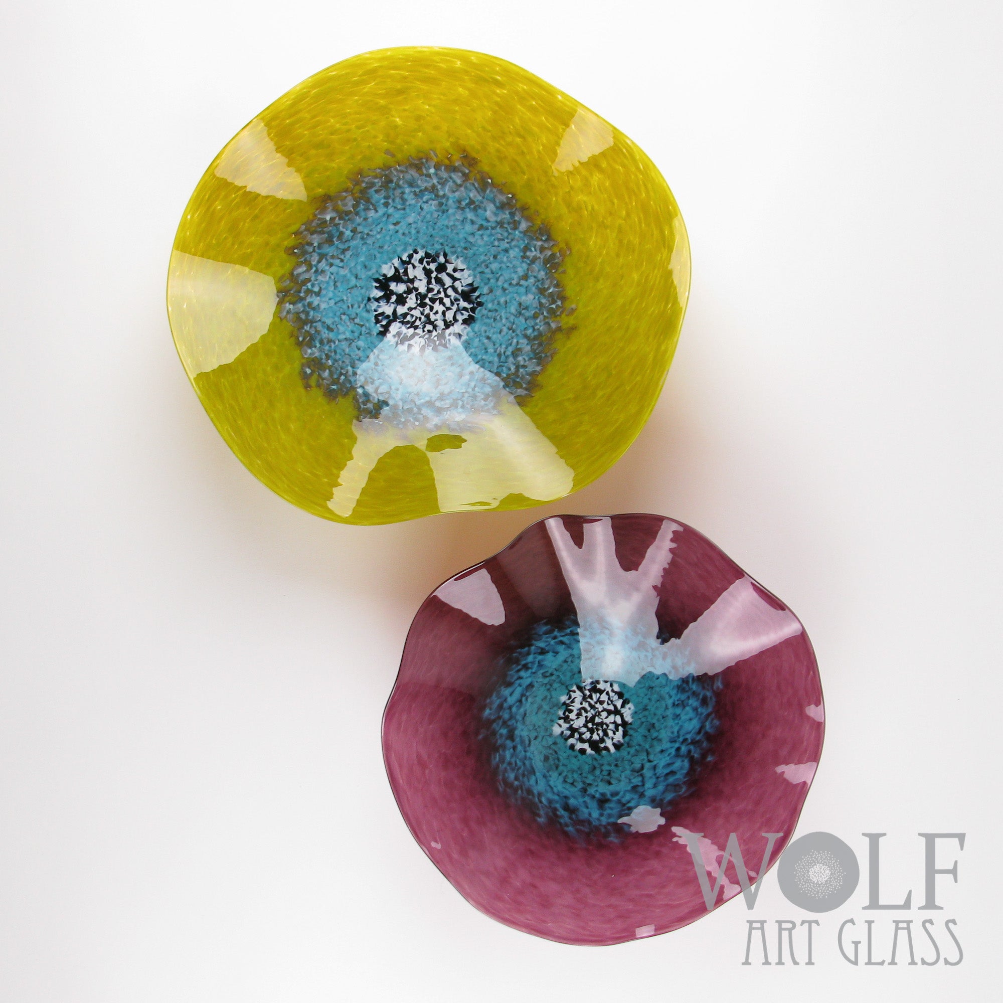 In Stock Bright Olive and Aubergine with Turquoise Glass Wall Art Flowers