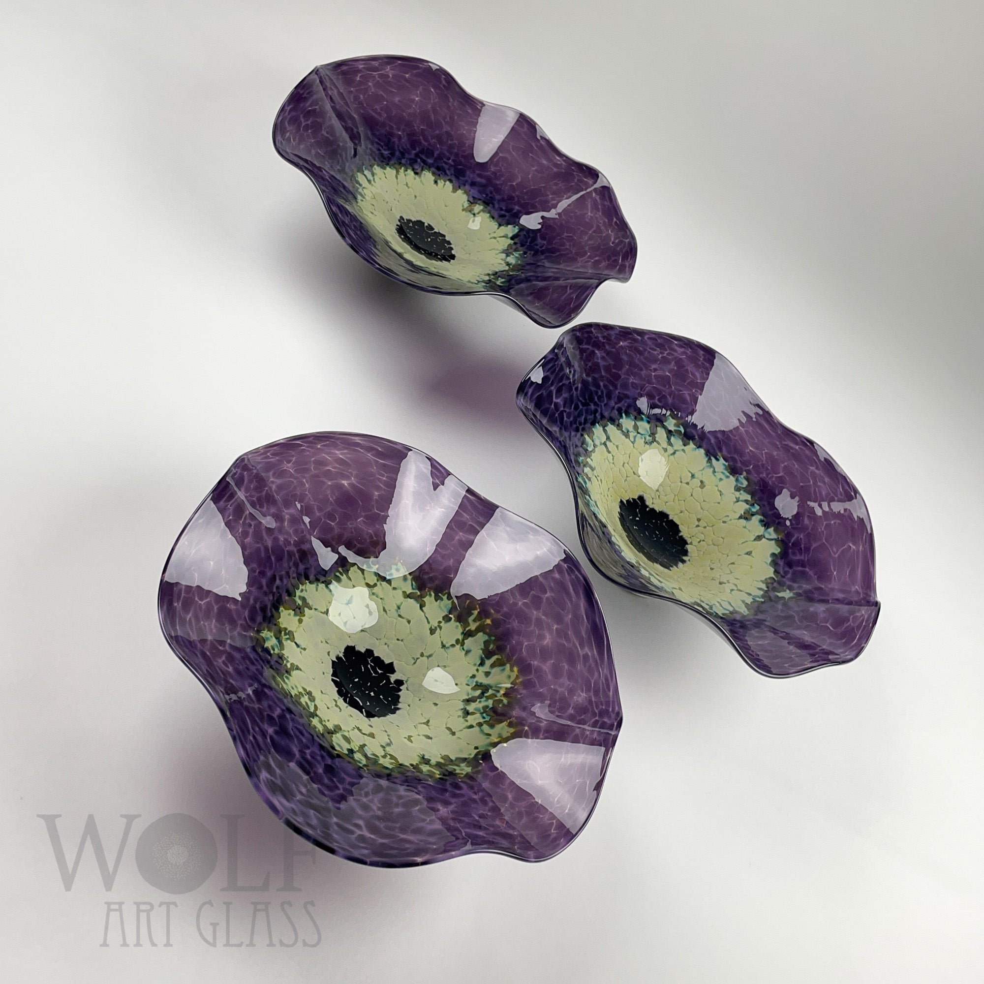 Deep Purple Blown Glass Wall Art Anemone Flower Collection - 3 Piece