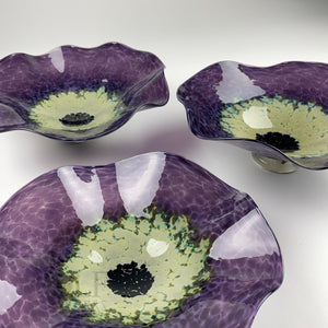 Deep Purple Blown Glass Wall Art Anemone Flower Collection - 3 Piece