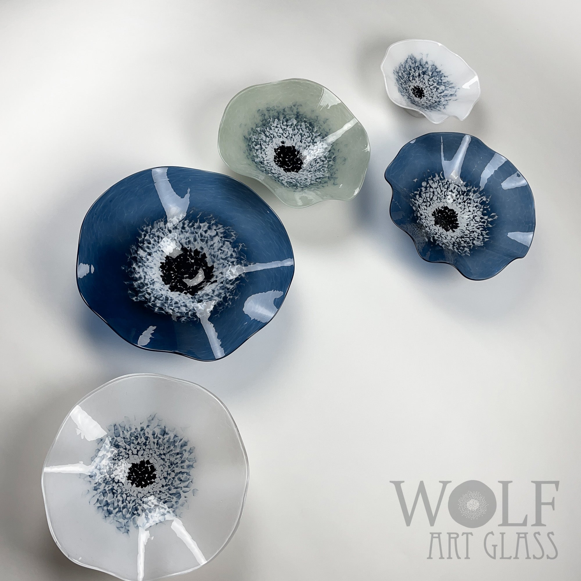 Blown Glass Flower Wall Art Collection - 5 Piece Denim Blue, White and Gray Poppy Flowers