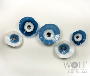 Denim Blue White and Periwinkle Blue Blown Glass Wall Art Flower Collection - 5 Piece Glass Wall Art Installation