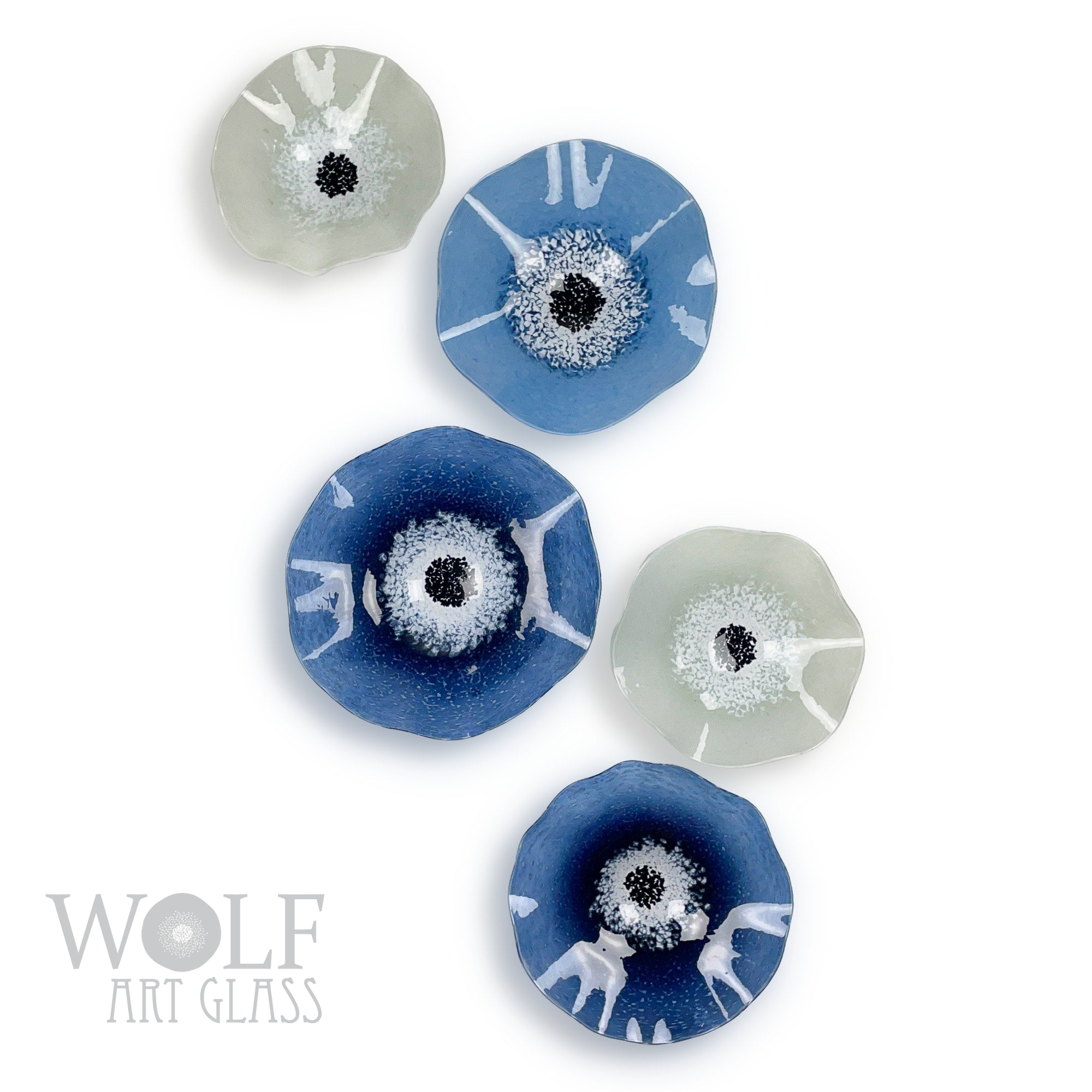 Blown Glass Wall Art Flower Collection - 5 Piece Denim, Periwinkle and Light Grey Ice Poppies