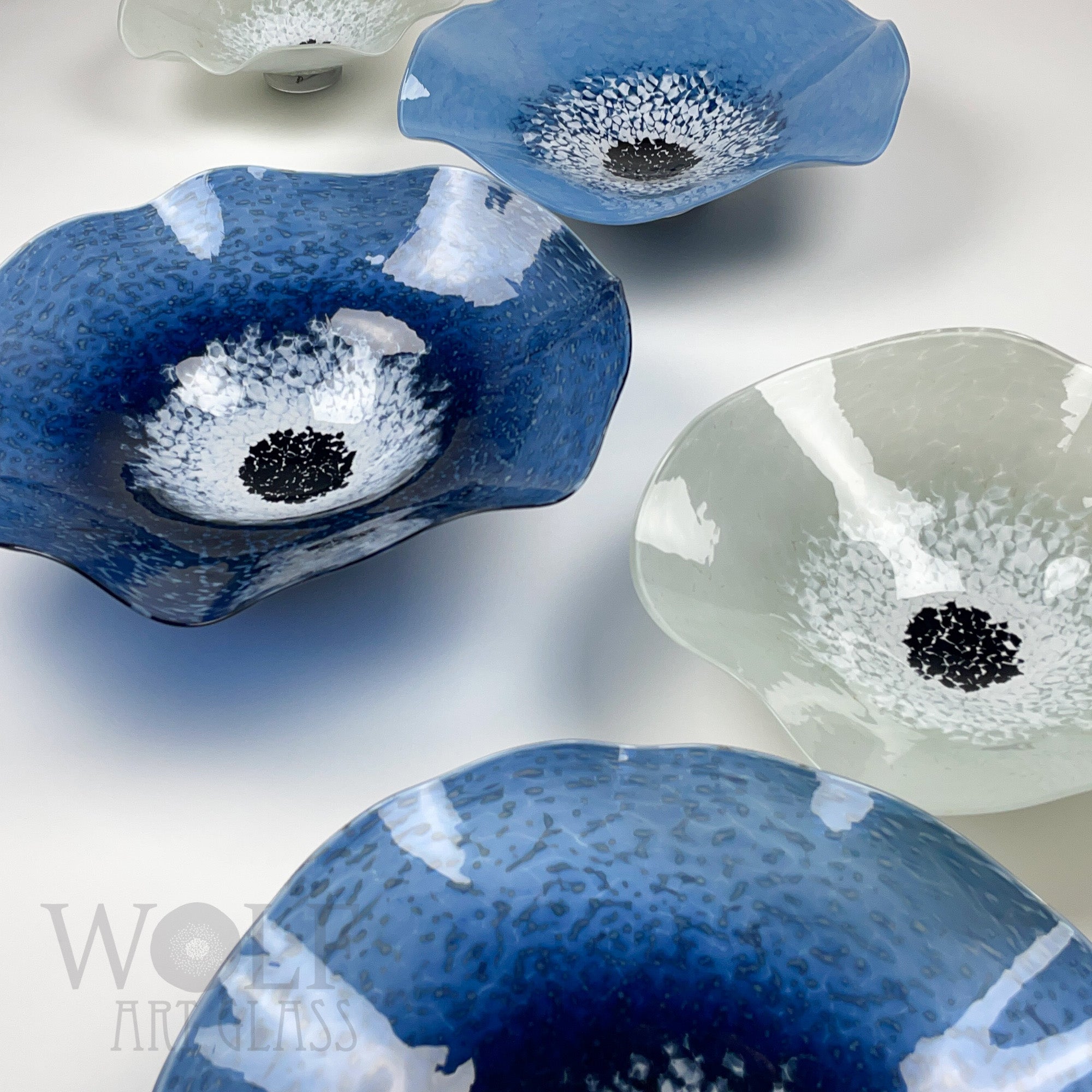 Blown Glass Wall Art Flower Collection - 5 Piece Denim, Periwinkle and Light Grey Ice Poppies