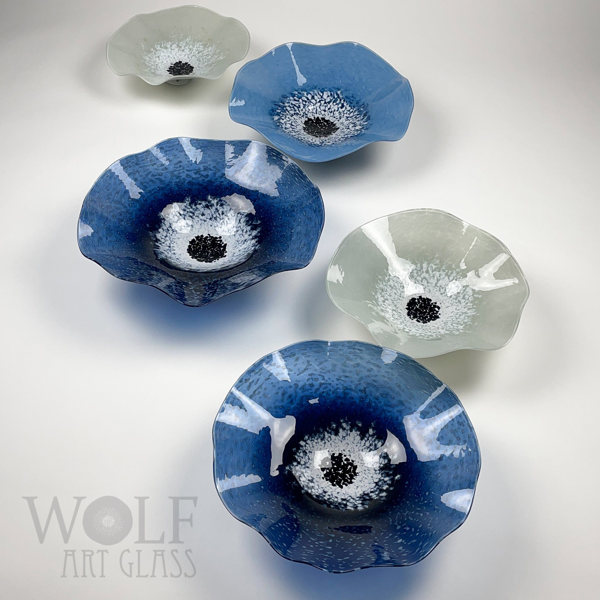 Blown Glass Wall Art Flower Collection - 5 Piece Denim, Periwinkle and Light Grey Ice Poppies