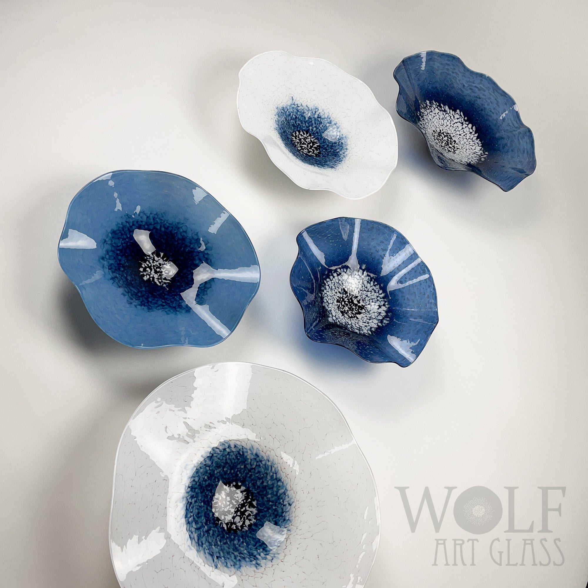 Denim Blue White and Lavender Blown Glass Wall Art Poppy Flower Collection - 5 Piece