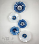 Denim Blue White and Lavender Blown Glass Wall Art Poppy Flower Collection - 5 Piece