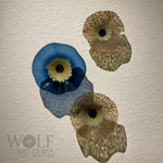 Denim Blue and Old Gold Blown Glass Wall Art Anemone Flower Collection - 3 Piece