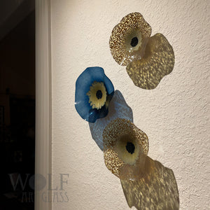 Denim Blue and Old Gold Blown Glass Wall Art Anemone Flower Collection - 3 Piece