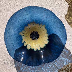 Denim Blue and Old Gold Blown Glass Wall Art Anemone Flower Collection - 3 Piece