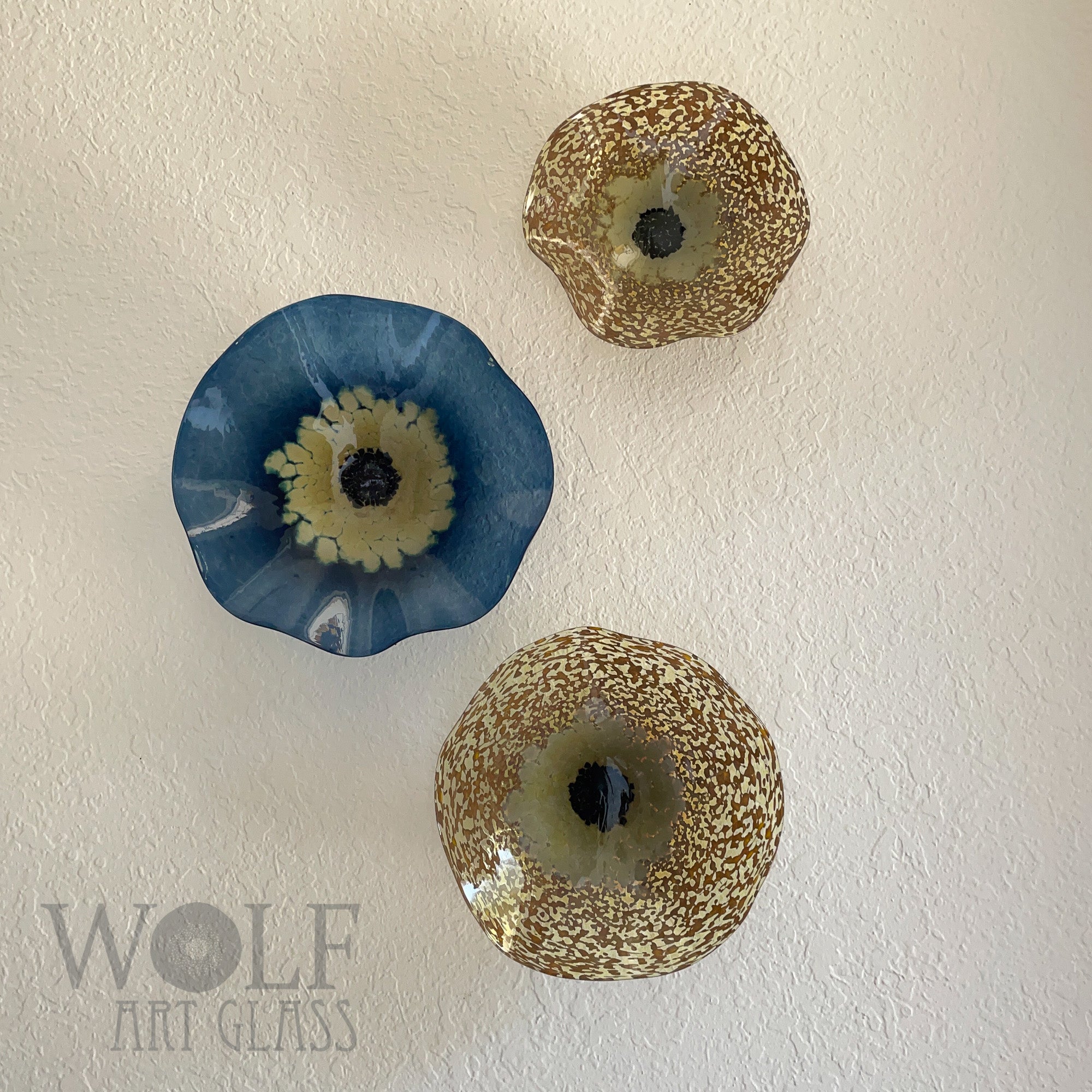 Denim Blue and Old Gold Blown Glass Wall Art Anemone Flower Collection - 3 Piece