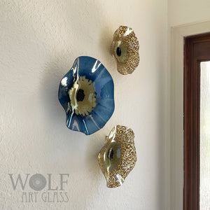 Denim Blue and Old Gold Blown Glass Wall Art Anemone Flower Collection - 3 Piece