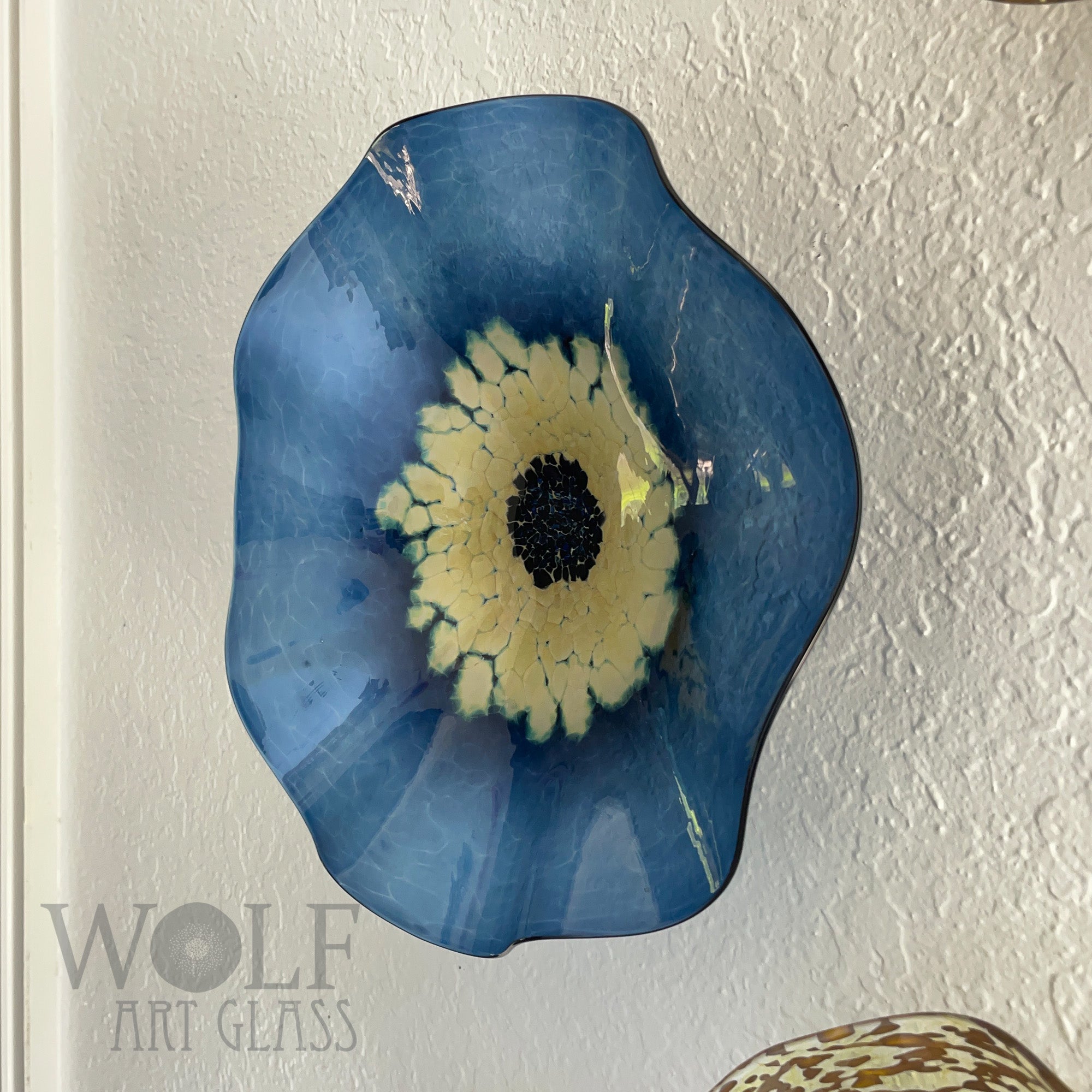 Denim Blue and Old Gold Blown Glass Wall Art Anemone Flower Collection - 3 Piece