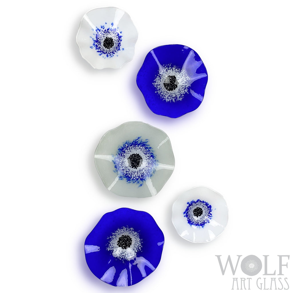 Blown Glass Wall Art Collection - 5 Piece Sapphire Blue, White and Light Grey Poppy Flowers