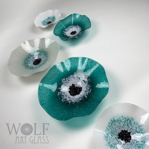 Teal Green Ice Poppy Speckled Blown Glass Wall Art Flower Collection - 5 Piece Teak Green, White and Gray