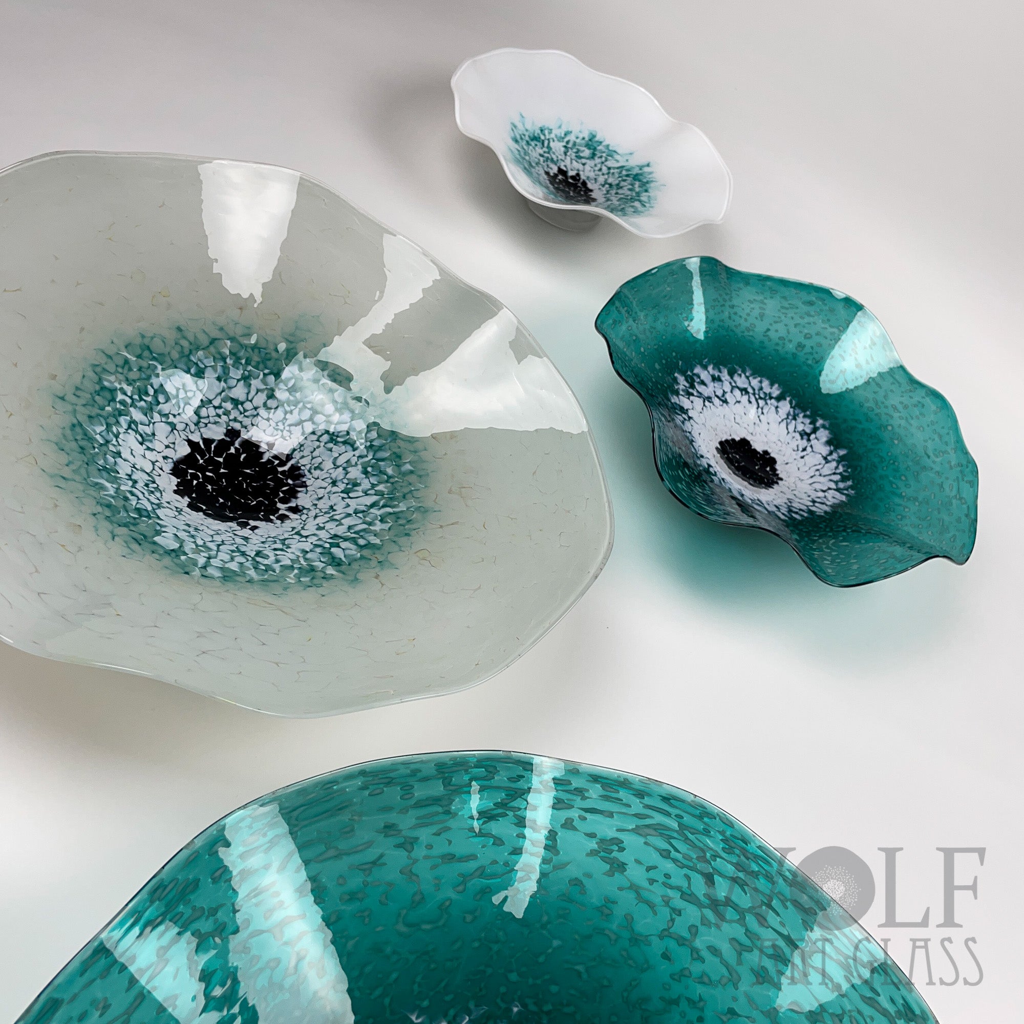 Teal Green Ice Poppy Speckled Blown Glass Wall Art Flower Collection - 5 Piece Teak Green, White and Gray